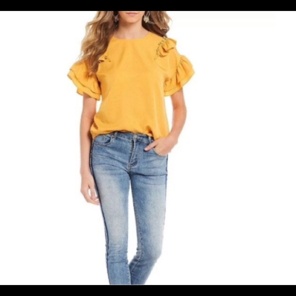 Gianni Bini Mary Ruffle Sleeve Blouse Mustard M